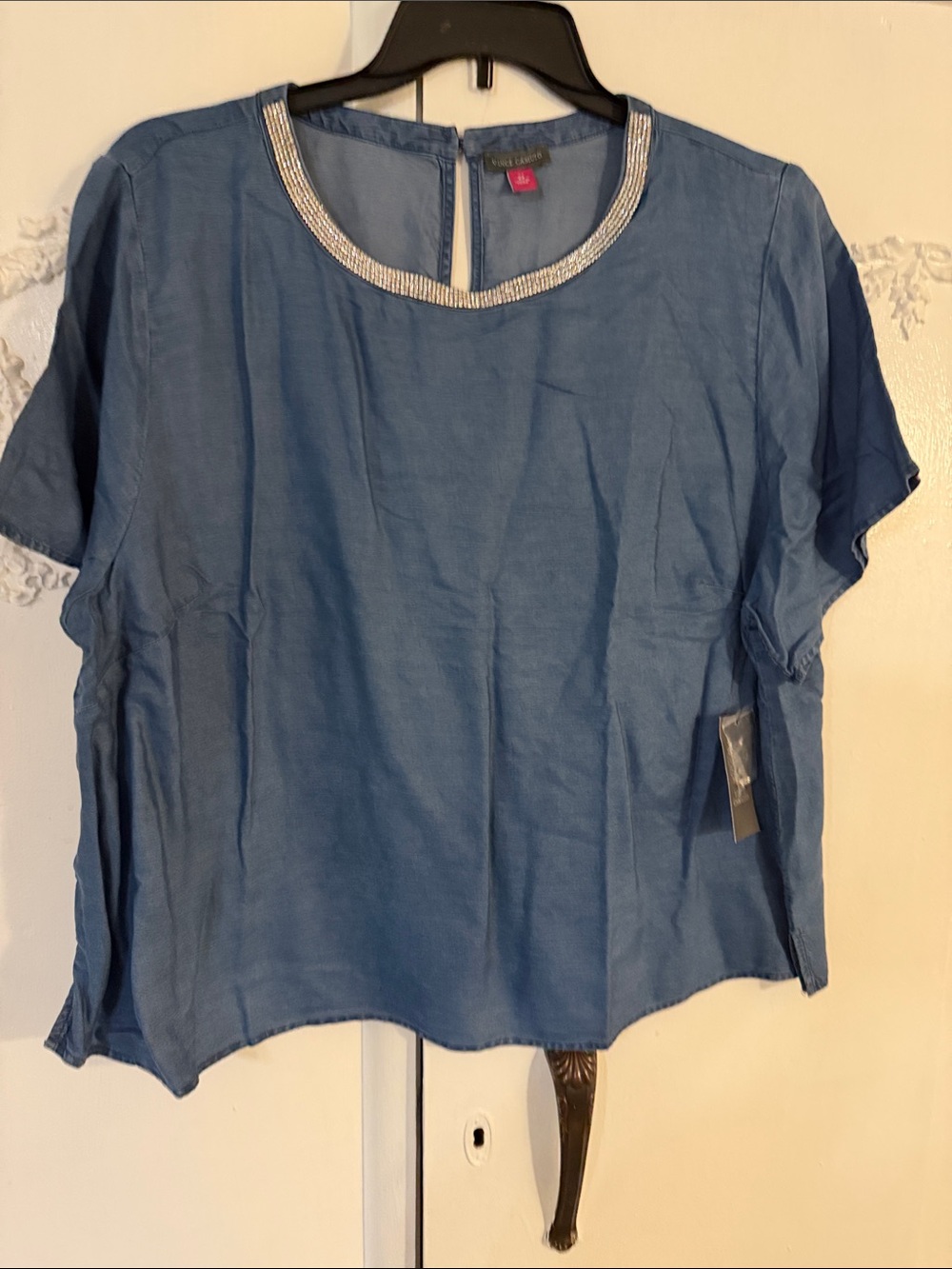 Vince Camuto Denim-Blue Short Sleeve Blouse with Beaded Neckline